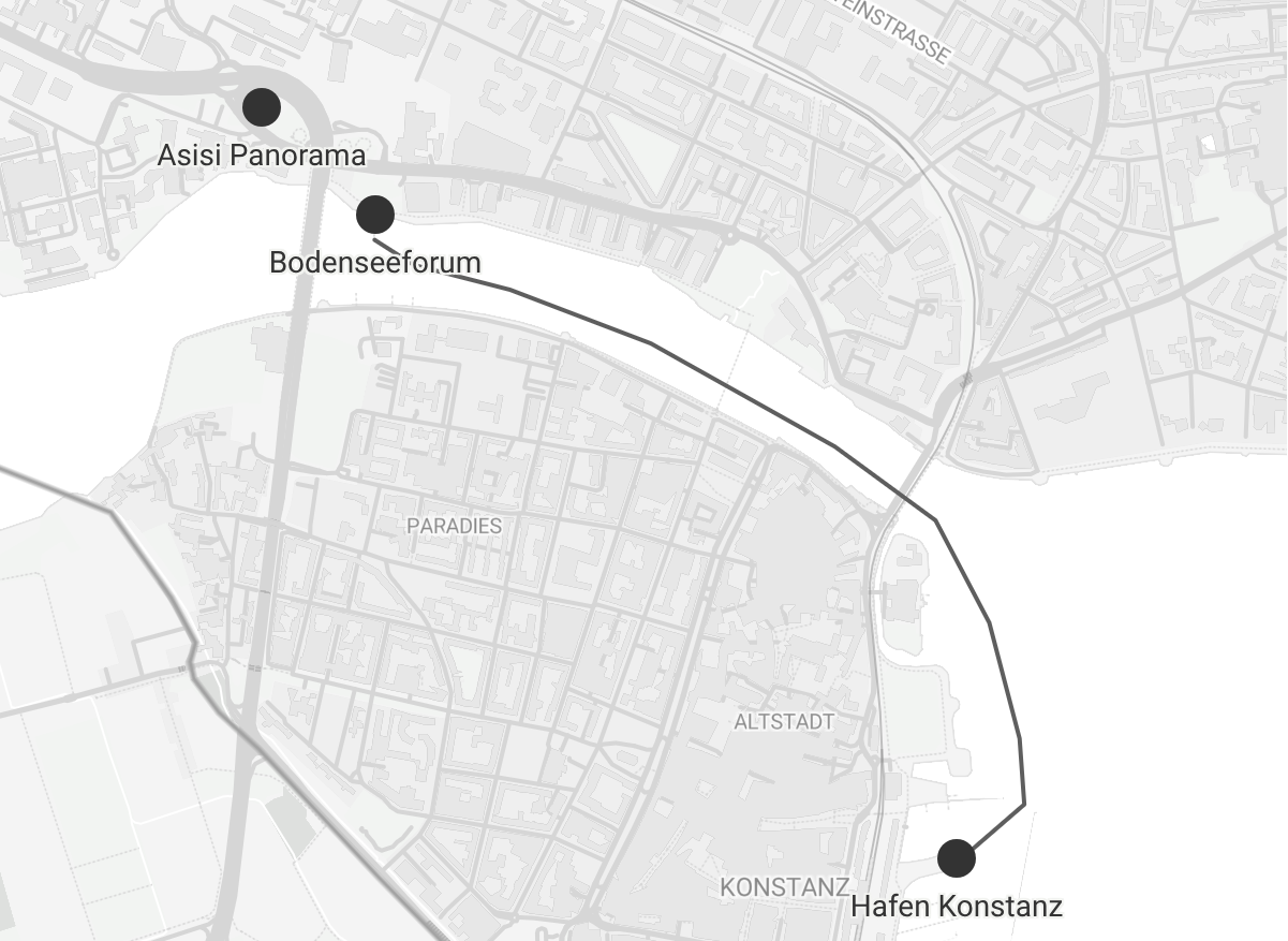Karte der Wasserbus-Route zwischen Bodenseeforum und Hafen Konstanz